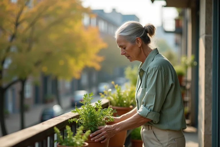 Femme senior épanouie entretenant des plantes aromatiques sur un balcon ensoleillé, illustrant une activité quotidienne bénéfique pour la qualité de vie des personnes âgées