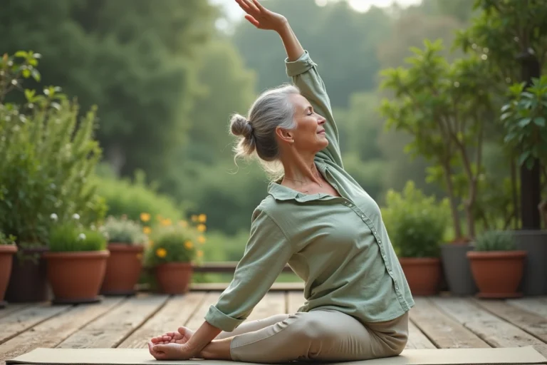Senior femme pratiquant le yoga en plein air sur une terrasse en bois entourée de verdure pour préserver sa santé et son bien-être