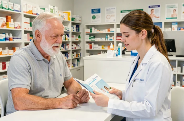 Homme senior en consultation avec une pharmacienne pour comparer des offres de mutuelle santé