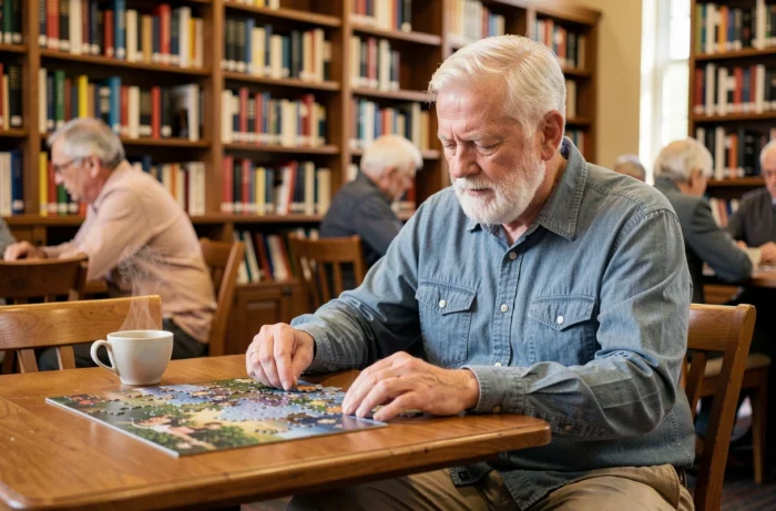 Senior homme retraité activité intellectuelle puzzle bibliothèque épanouissement