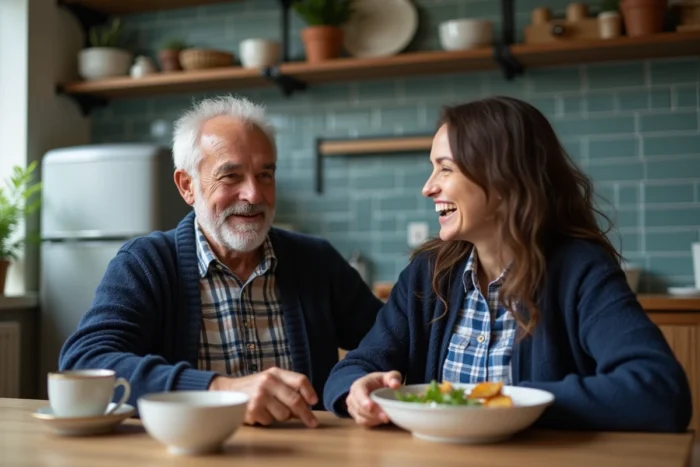 Senior homme partageant un repas convivial avec un proche dans une cuisine chaleureuse, soulignant l'importance du lien social pour le bien-être des personnes âgées