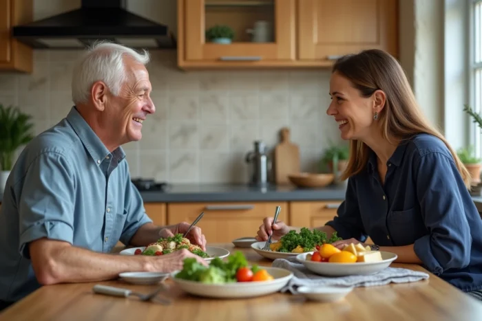 Senior homme partageant un repas sain et équilibré avec une aide-soignante dans une cuisine chaleureuse pour illustrer la nutrition des personnes âgées