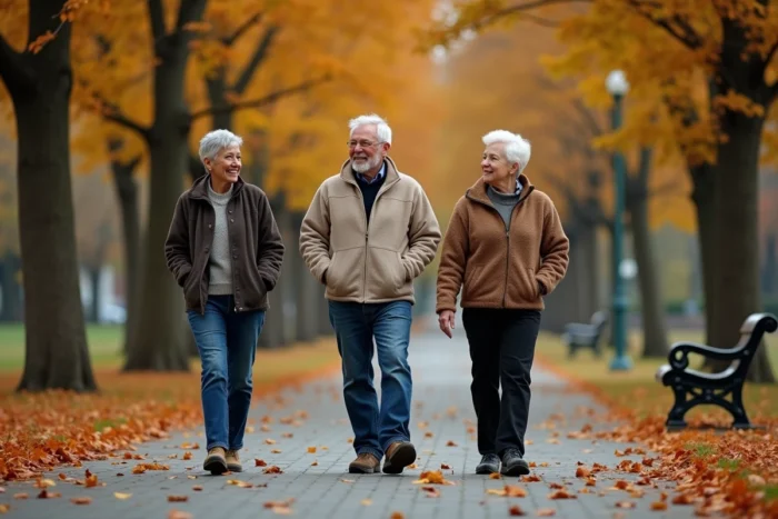 Groupe de seniors marchant ensemble dans un parc en automne pour illustrer l'activité physique et le lien social chez les personnes âgées