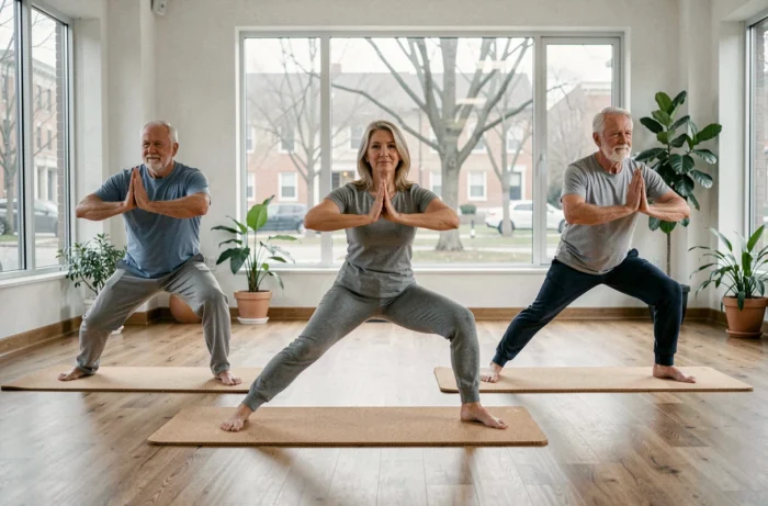 Groupe de seniors faisant du yoga activité bien-être retraite épanouie
