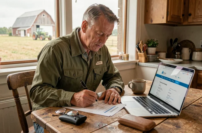 Agriculteur signant un contrat de prêt pour financer l'achat d'une terre agricole depuis sa ferme