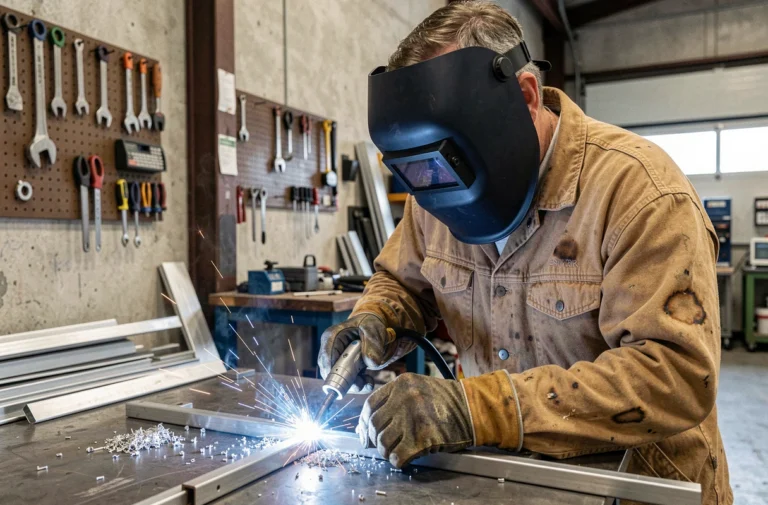 Soudeur professionnel utilisant un poste à souder MIG aluminium en atelier industriel