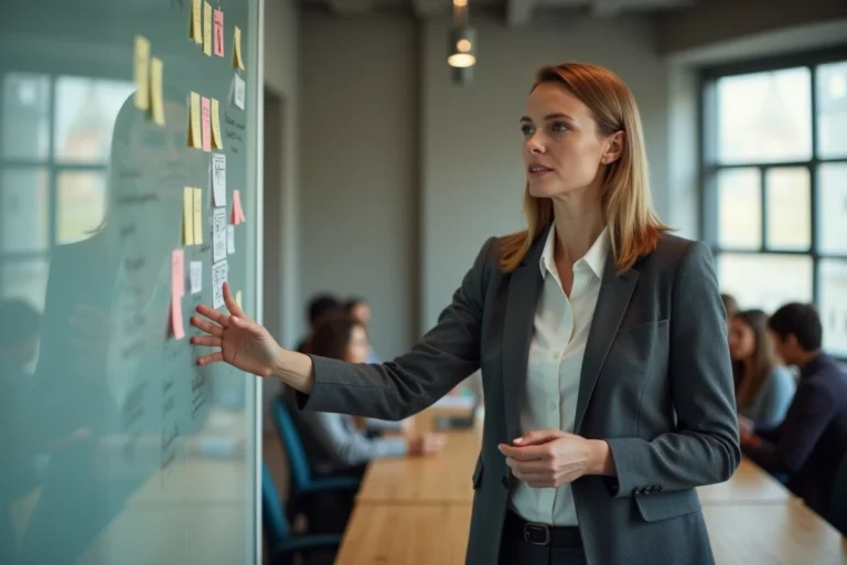 Femme cadre présentant une stratégie de communication à son équipe devant un tableau blanc dans un bureau moderne