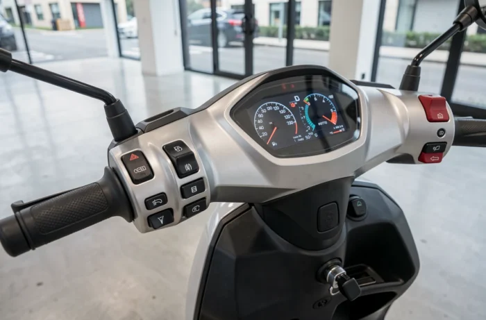 Tableau de bord numérique TFT et commandes d'un scooter 400 cm3 dans une concession moderne