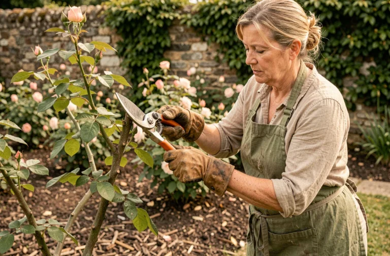 Jardinière experte taillant un rosier au bon niveau avec un sécateur, dans un jardin à la française au printemps
