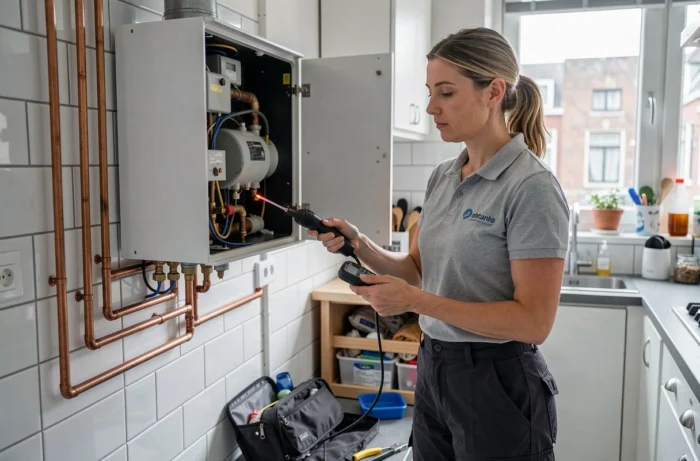 Technicienne en chauffage diagnostiquant une panne de chaudière dans une maison de ville à Bruxelles
