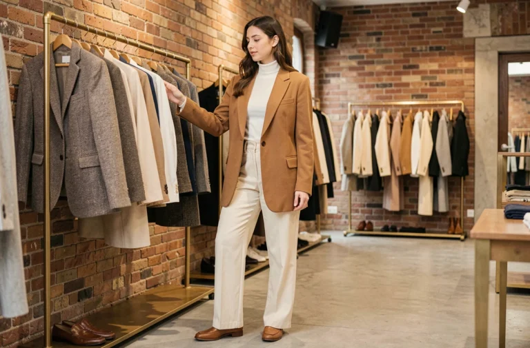 Jeune femme élégante en blazer camel et pantalon large crème dans une boutique de mode parisienne au style épuré