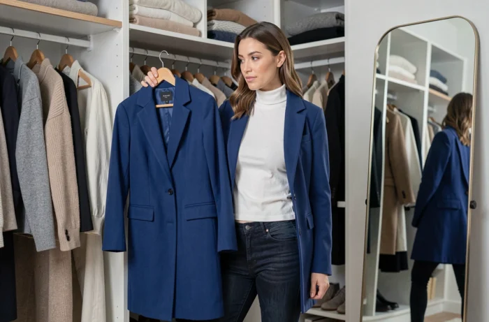 Femme tenant un manteau bleu cobalt dans un dressing moderne, explorant les tendances mode femme de la saison