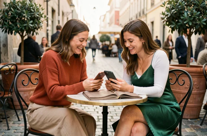 Deux femmes stylées consultant des tendances mode en ligne sur smartphone en terrasse de café parisien