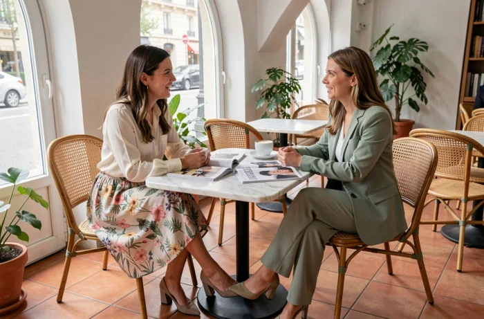 Deux femmes élégantes aux tenues tendance discutant autour d'un café dans un bistrot moderne parisien avec des magazines de mode