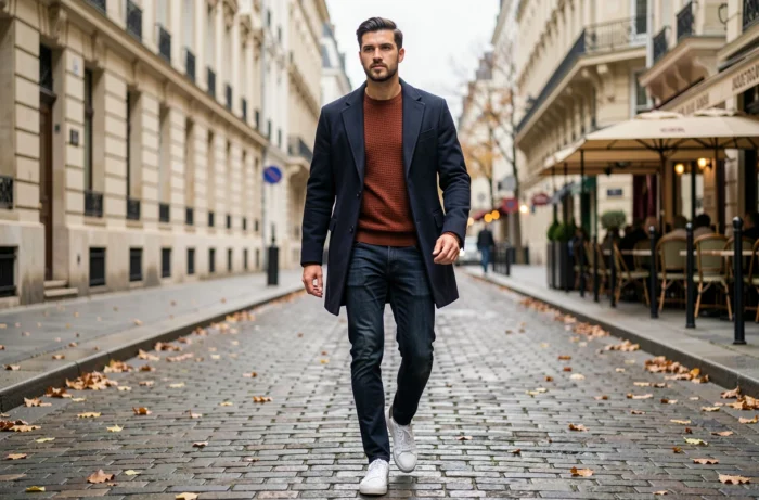 Homme stylé en manteau marine et pull rouille marchant dans une rue pavée européenne en automne
