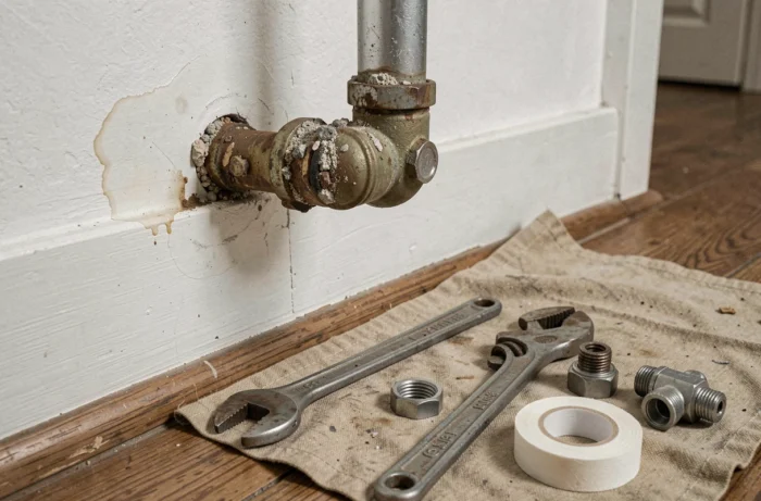 Détail de tuyauterie de radiateur endommagée avec outils de plomberie pour réparation de fuite de chauffage
