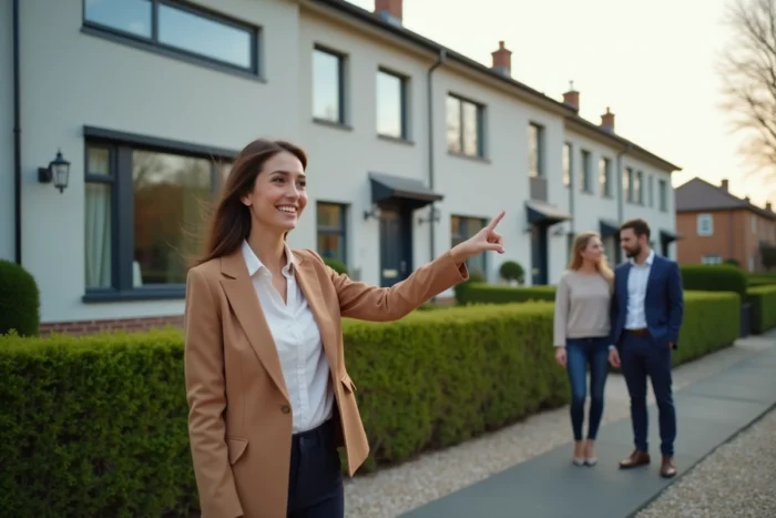 Agent immobilière présentant une maison contemporaine à un couple lors d'une visite personnalisée