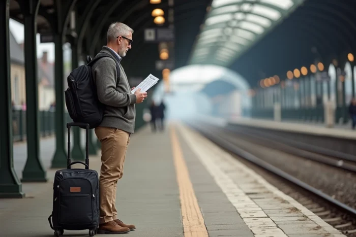 Voyageur serein sur un quai de gare européenne avec sac à dos et horaires de train
