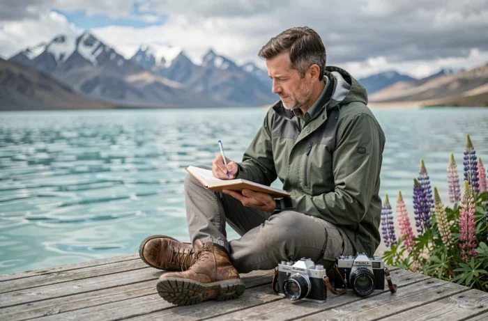 Voyageur francophone écrivant dans son journal de voyage sur un ponton au bord du lac Tekapo en Nouvelle-Zélande