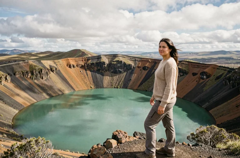 Voyageuse francophone contemplant le lac de cratère émeraude du parc national de Tongariro en Nouvelle-Zélande