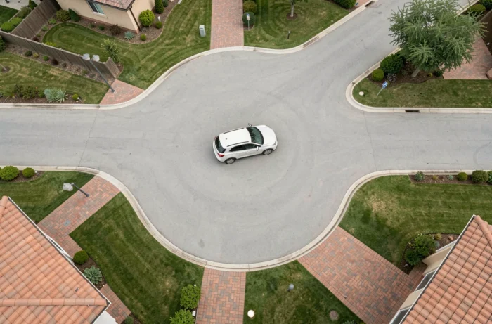 Vue aérienne d'un cul-de-sac résidentiel avec aire de retournement circulaire pour voiture