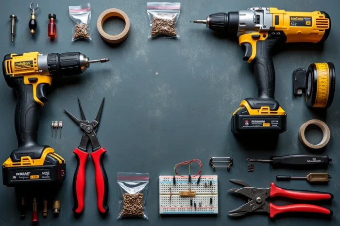 Vue de dessus d'un ensemble complet d'outils indispensables pour le bricolage et l'électronique disposés sur un établi