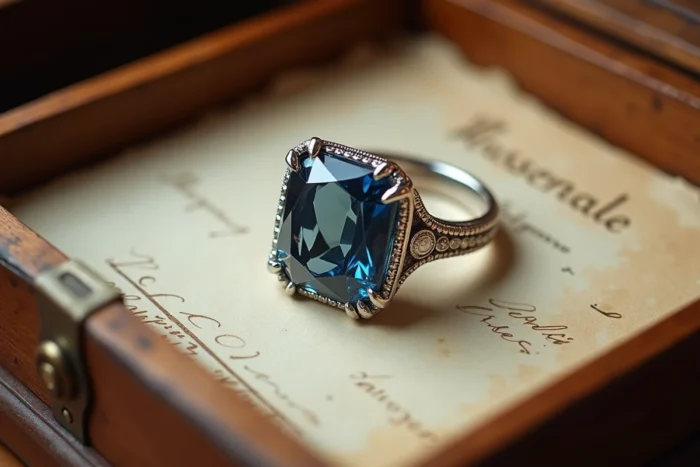 Wittelsbach-Graff, bague avec diamant bleu coussin historique en platine sur parchemin crème dans un écrin en acajou